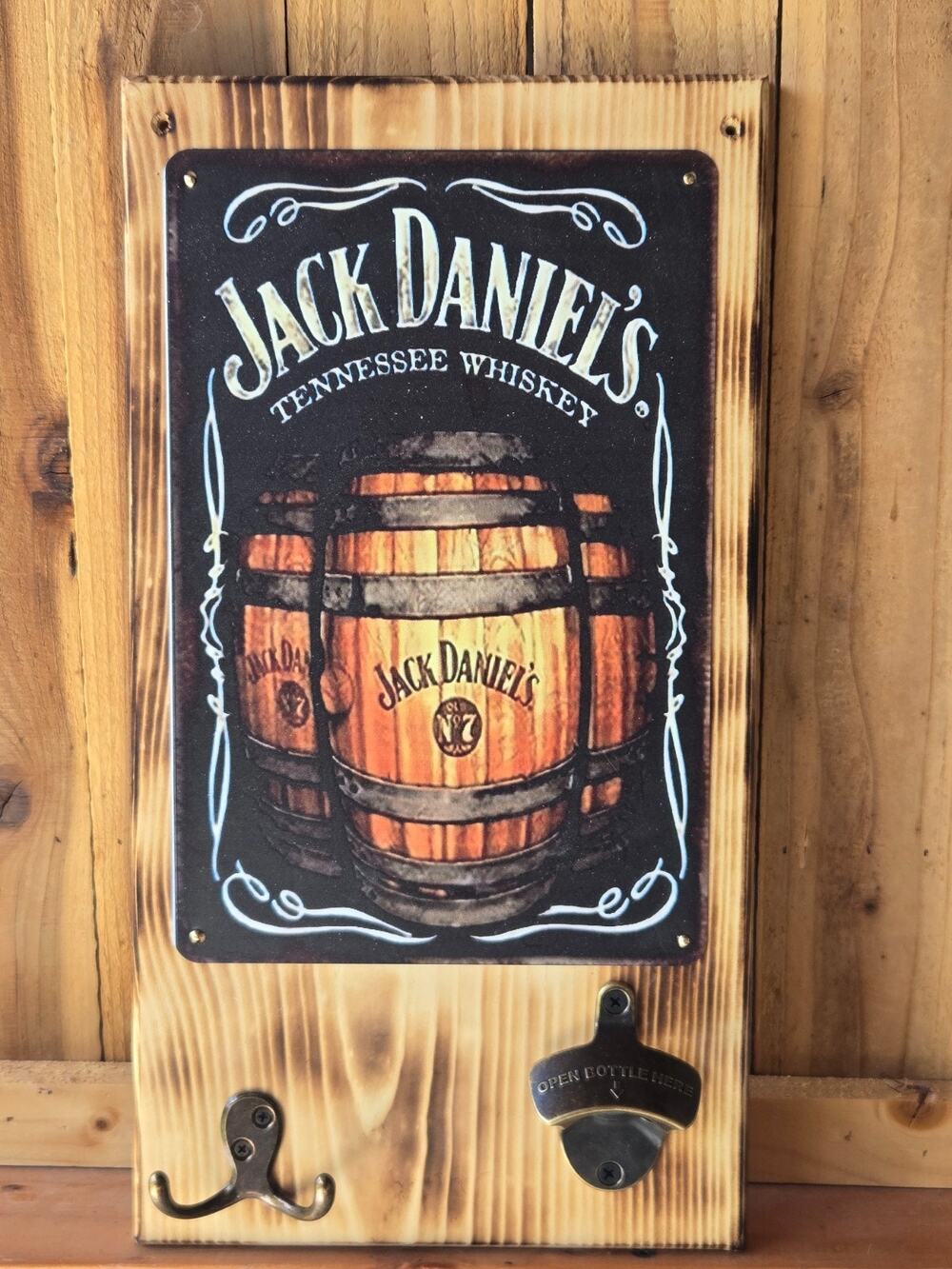 Jack Daniels Whiskey Sign Mounted on Solid Wood w/ Hook & Bottle Opener Handmade